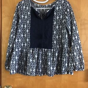 Navy and White Printed Peasant Tunic with Embroidered Bib